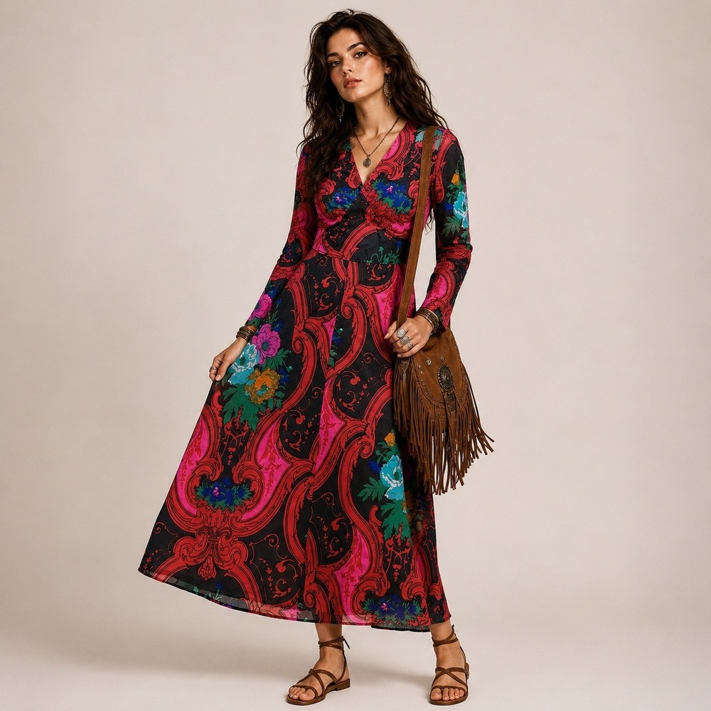 Unbranded Vintageβ 70s Psychedelic Floral Maxi Dress Small